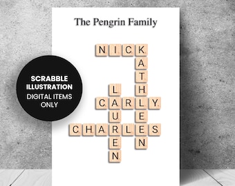 Impression de famille Scrabble, Impression personnalisée, Cadeau de famille, Anniversaire, Anniversaire, Impression de carreaux de lettre personnalisée, Noms de famille, Image de Scrabble