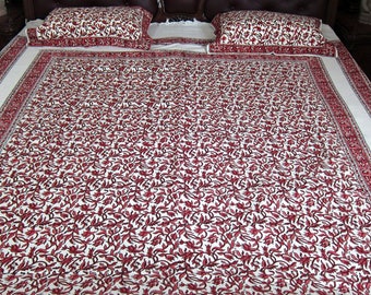 Cotton Bedspreads, 3pc Boho Indian Bedding Cotton Tapestry, Bedspreads, White Maroon Floral Printed Indian Bed Cover
