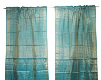 2 Sari Curtains bLUE Golden Curtains Rod Pocket Panels Boho Bed Canopy Gypsy Home Decor Interiors 96 inch