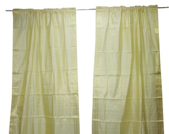 2 Indian Sari Curtain Drape Panel Window Treatment White Gold Brocade Border Rod Pocket Bedroom Living Room Décor 96 inch