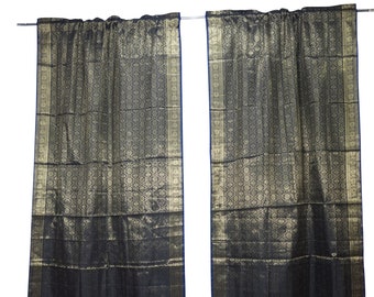 2 Indian Handmade Window Treatment Curtain Black Golden Sari Drape Panel Brocade Border Rod Pocket Curtains Home Decor 96 inch