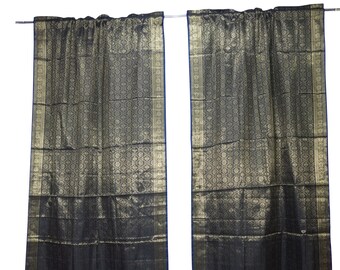 2 Indian Handmade Window Treatment Curtain Black Golden Sari Drape Panel Brocade Border Rod Pocket Curtains Home Decor 96 inch