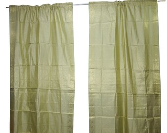 2 Indian Handmade Window Treatment Curtain Ivory Golden Sari Drape Panel Brocade Border Rod Pocket Curtains Home Decor 96 inch