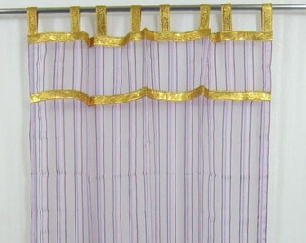 2 Purple Gold Sheer Curtains, Gold Border Tab Top Window Treatment Panels, Bed Canopy Curtains