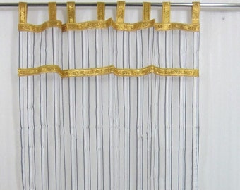 2 Sari Curtains Panels Window TReatments INDI BOHO White Black Stripe Golden Tab Top Bedroom Decor