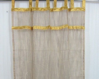 Beautiful Gold Curtains Panels Window Treatments, 2 INDI BOHO Soft Gold Brown Stripe Golden Tab Top Holiday Decor