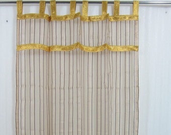 2 BEIGE Sari Curtains Sheer Golden Border Drapes Panels Window Treatment moroccan boho indi eclectic 96