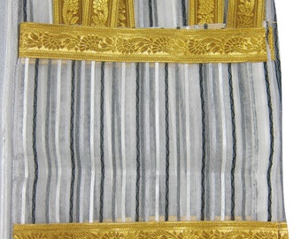 2 Sari Curtains Panels Window TReatments INDI BOHO White Black Stripe Golden Tab Top Bedroom Decor