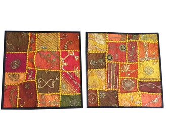 2 Colorful Indian Cushion Covers Vintage Patchwork Decorative Toss Pillow Shams Bohemian Decor 16" x 16"