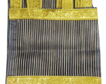 2 Boho Indi Curtains, Navy Blue Gold Stripes Curtains Sheer Panels Golden Tab Window Treatment, Canopy Bed Panels