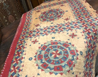 Indi Boho Floral Bedspread, Red Beige Printed Throw, 2 Handloom Cotton Pillows, Bed Cover, Picnic Blanket, TABLECLOTH
