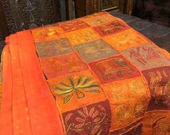 Vintage Sitara Ethnic Sari Tapestry, Tablecloth, Bed Throw Orange, Indian Accent WALL Decor, OLD fADED Embroidered Patchwork Wall Hanging