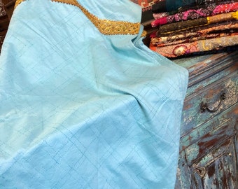 2 Blue Sari Curtains Golden Border Drapes Panels Window Treatment moroccan boho indi eclectic