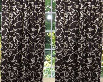 2 Printed Curtains, Boho Printed Drapes, tAB tOP Coffee Brown Bohemian Home Decor Window Treatment Panel 96