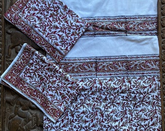 Farmhouse Boho Floral Paisley Bedspread, RED GRAY Block Printed Throw, 2 Pillows, Bed Cover, Picnic Blanket, TABLECLOTH