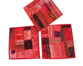 Boho Decorative Indian Throw Pillow Cases, 3pcs, Red Embroidered Patchwork Cushion Cover 16 x 16