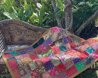 Earthy Khaki Vintage SARI TAPESTRY Hand Embroidered Patchwork Muticolor Wall Hanging Bohemian Decor