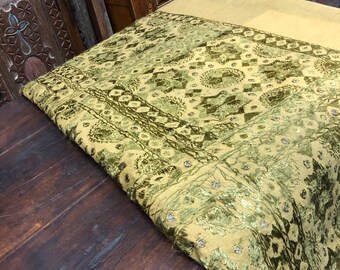 Embroidered Bed Throw, Blanket, Cotton Bed Throw Beige Light Green Indian Accent WALL Decor, Embroidered Sofa Throw