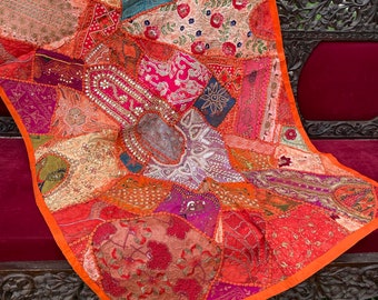 Zardozi Sari Tapestry Orange Hand Embroidered Patchwork Vintage Throw Bohemian Wall Hanging