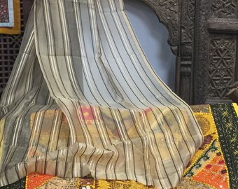 2 BEIGE Sari Curtains, Sheer Golden Border Drapes Panels, Window Treatment moroccan boho indi eclectic 96