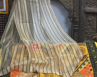 2 BEIGE Sari Curtains, Sheer Golden Border Drapes Panels, Window Treatment moroccan boho indi eclectic 96