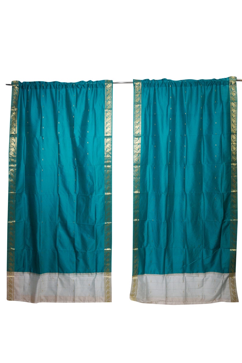 2 Indian Sari Curtain Panel Window Treatment Teal Blue Etsy