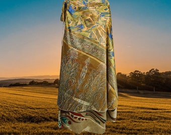 Womens Recycled Silk Wrap Skirt, Magic Wrap Skirt, Golden Floral Print Layers Wrap Skirts, Travel Fashion, gift, One size