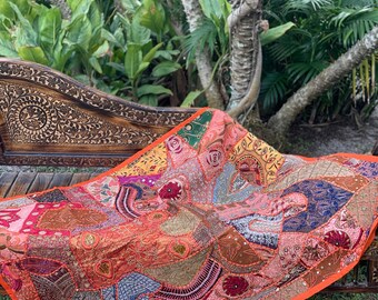 Indian Pink Orange Wall Hanging Tapestry, Embroidery Sequins Sari Patchwork Wall Decor Traditional Tapestries