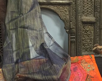 2 Indi Boho Curtains, Sheer Blue Beige Gold Stripes,  Gold Tab Tops, Bed Canopy, Window Curtains, Boho Home 84