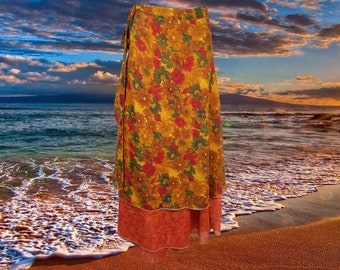 Womens Wrap Maxi Skirt, gift, Beach Cover Up, Yellow Orange Printed Two Layer Silk Sari Skirts, Magic Wrap Around Skirts One size