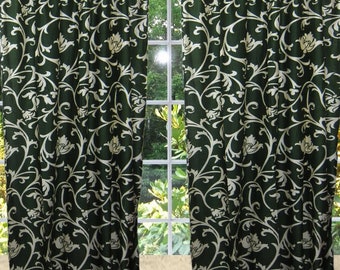 2 Green Printed Curtains Panel Drapes, Bedroom Window Treatment, Living Room, Tab Top Curtains, Bed Canopy Decor