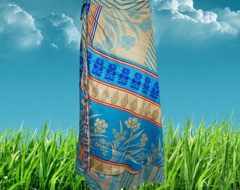 Womens Enchanting Floral Maxi Wrap Skirt Reversible Sari Silk Layers in Blue Gray Boho Chic Skirt Festival season One size