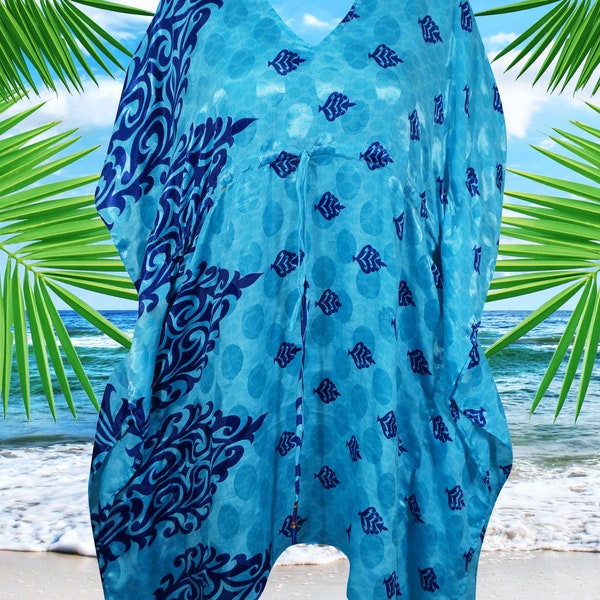 Bohemian Blue Floral Silk Kaftan, Perfect For Summer, Beach Coverup, Poolside, Resort Wear, Chic Stylish Caftan L-2X