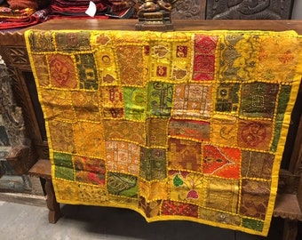 Yellow Vintage Handmade Patchwork Embroidered Tapestry Wall Decor Wall Hanging 40x40