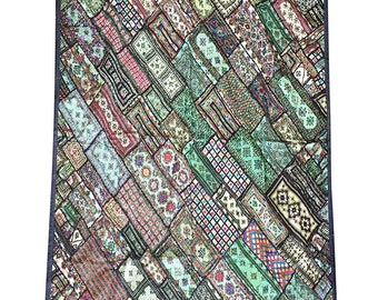 Vintage Indian Artisan Wall Tapestry Headboard Green Kutch Embroidered Patchwork Bohemian Bed Throw 90 X 80