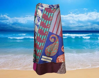 Womens Recycled Silk Wrap Skirt, Magic Wrap Skirt, Beach Wrap Skirt, Blue, Paisley Print Layers Wrap Skirts, Travel Fashion, gift, One size