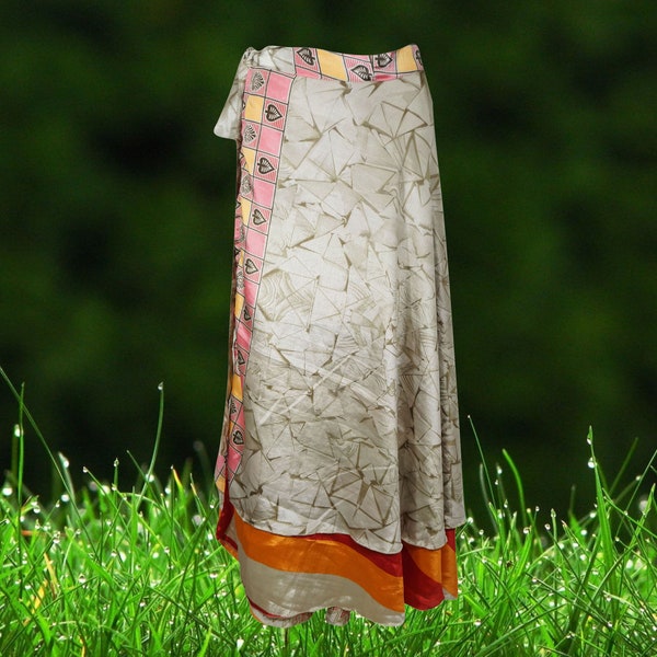 Bohemian Long Wrap Skirt Orange Printed Sari Wrapskirts, Beige Paisley Printed Maxi Skirt, Silk Sari Wrap Skirts, Beach Wear Skirts One Size