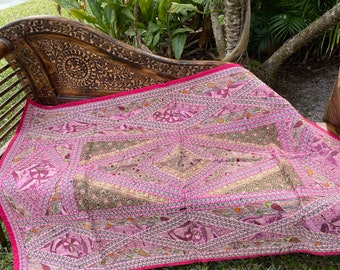 Indian Tapestry, Wall Decor, Wall Hanging Tapestry, Pink Vintage Antique Hand Embroidered Hand Work Wall Hanging Bohemian Decor