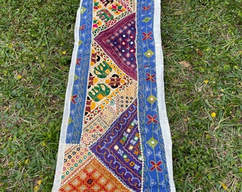 Bohochic Decor Ethnic Patchwork Hand Made Table Runner, Blue White Table Runner Boho Decor Wall Decor Home Decor