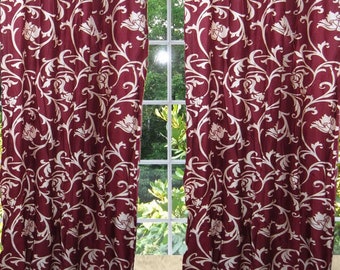 2 Burgundy Beige Curtain Floral Printed Panels Crushed Velvet Feel Tab Top Window Treatment Drapes Bohemian Decor 96"