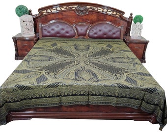 Indian Traditional Jamawar Pahmina Wool Bed Throw Reversible Green Black Throw Blanket Indian Bedspread