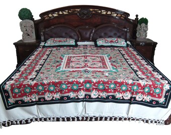 3pc Bedding Kalamkari Printed Bed Cover, Handloom Cotton Coverlet throw, Hand Block Print Bedspread Coverlet Blanke,t Bedspread