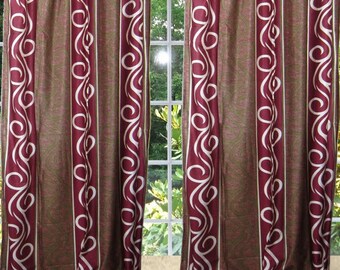 2 Burgundy Olive Green Printed Curtains, Panel Drapes, Bedroom Window Treatment, Living Room, Tab Top Curtains, Bed Canopy Decor