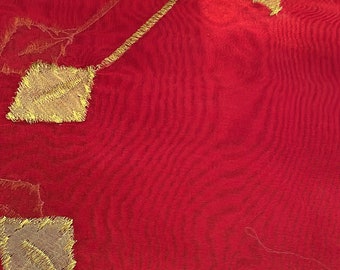 SINGLE Indi Boho Curtains RED Gold Leaf Embellished Curtain Panel Silvergold Tab Top Organza Window Treatment 90