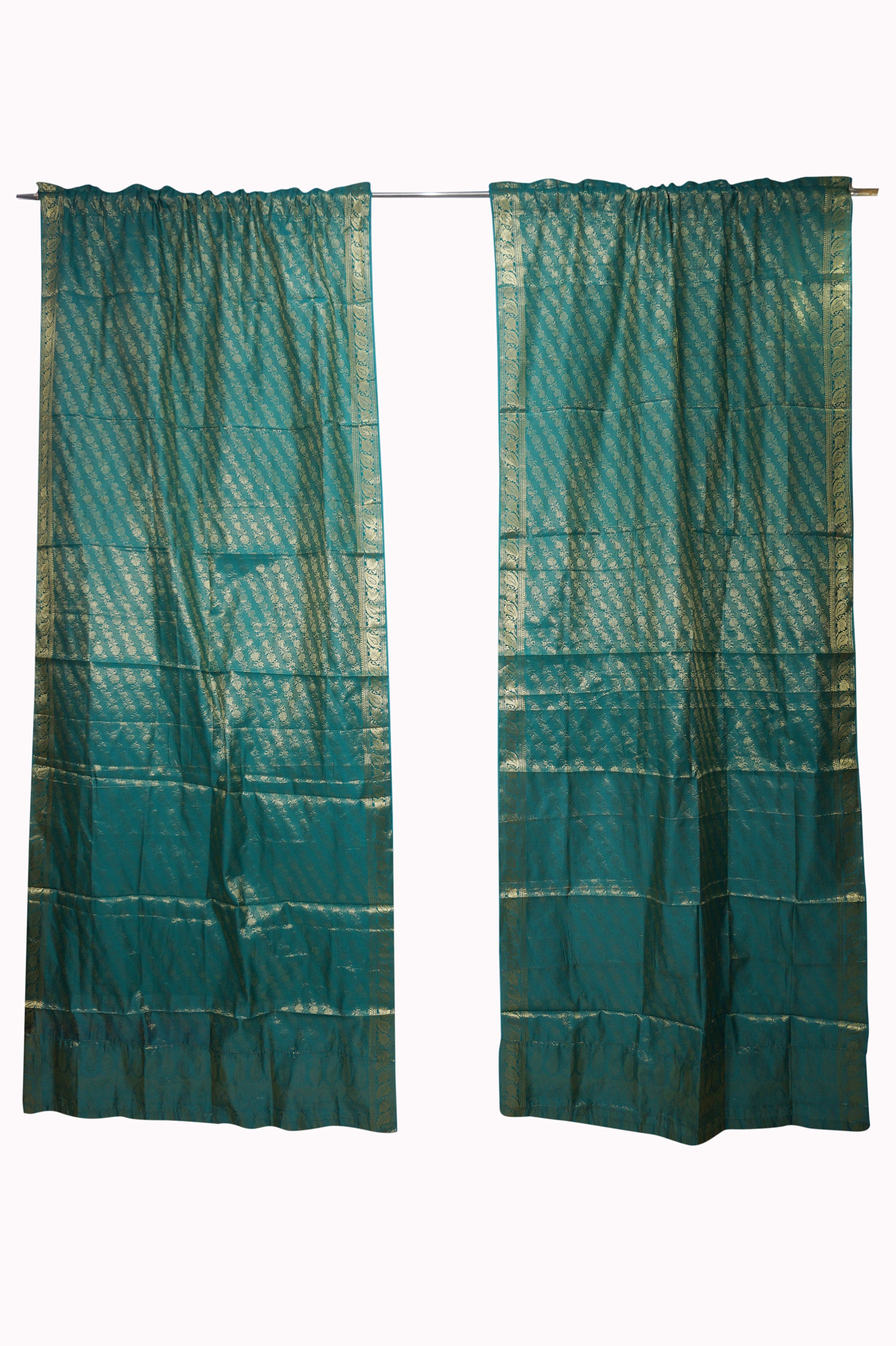 2 Teal Blue Golden Curtains Rod Pocket Sari Curtains Panels Etsy