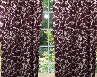 2 Curtain Floral Printed Panels Crushed Velvet FeeL Plum Tab Top Window Treatment Drapes Bohemian Decor 96"