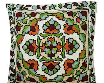 Beautiful Floral Suzani Handmade Cushion Covers Woolen Embroidered Pillow Covers Home Decor 16x16
