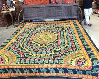 Indi Boho Animal Print Bedspread, Black Embroidered Printed Throw, Bed Cover, Picnic Blanket, TABLECLOTH