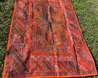 Vintage SARI TAPESTRY, Orange Red Hand Embroidered Patchwork Muticolor Wall Hanging Bohemian Decor 90x60