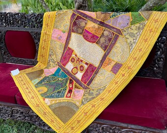 Patchwork Embroidery Tapestry, Bohemian Wall Hanging, hANDMADE Yellow Vintage Indian Gypsy Way of Home Decoration